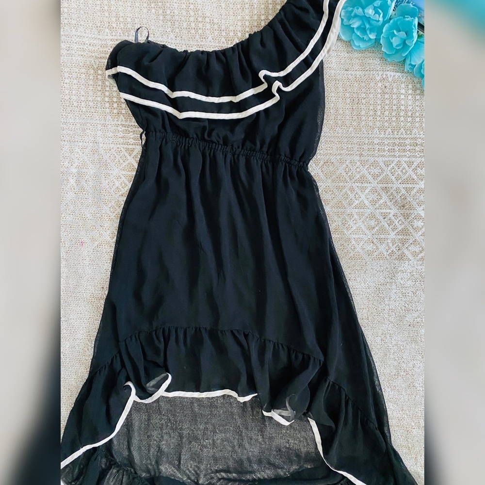 Black High Low off-shoulder white trim dress